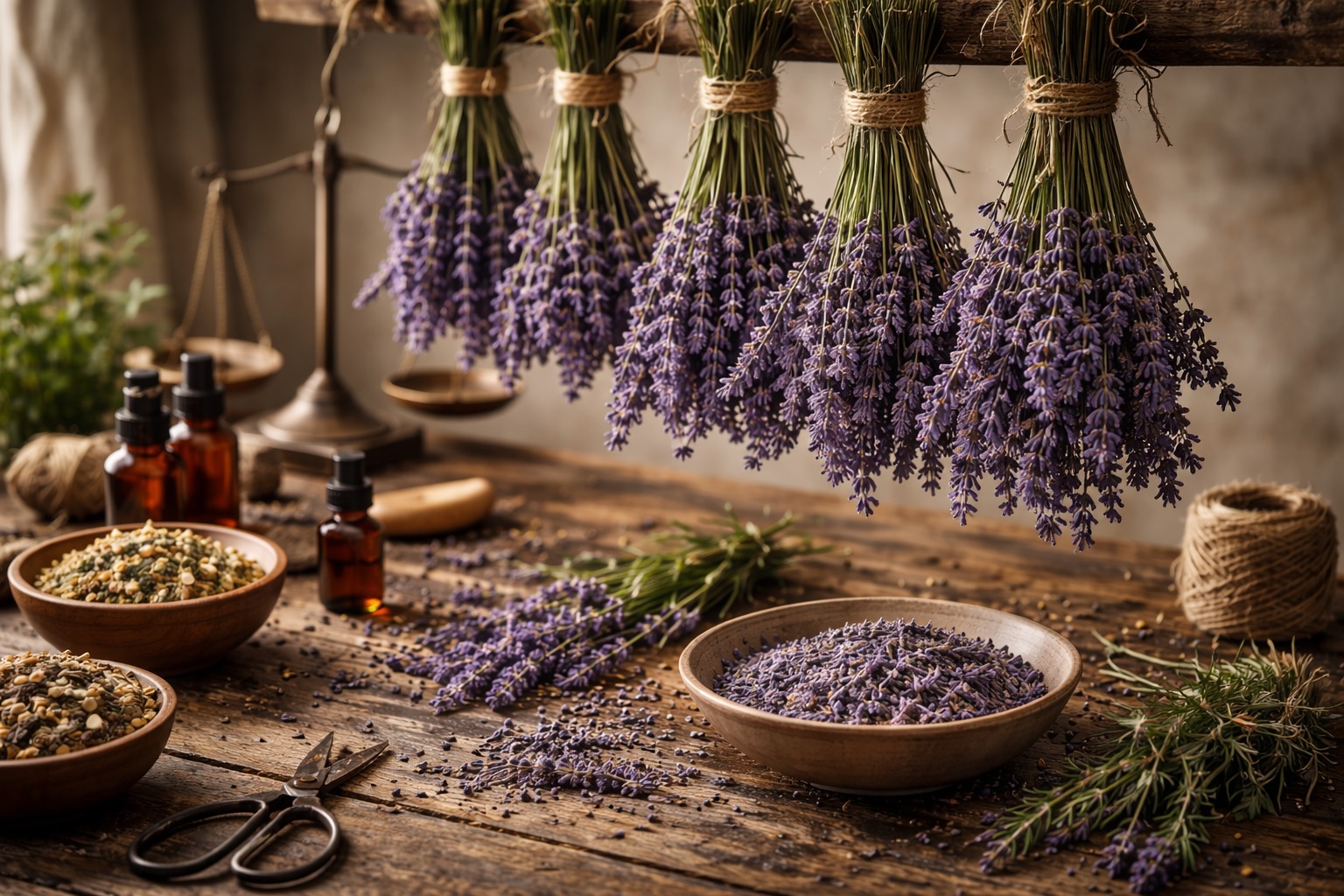 Bundles of lavender hanging to dry in a rustic herbalist workspace with dried botanicals, amber bottles, and wooden tools.